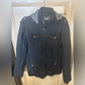 Men's Faded Black Alliance Cotton Military Jacket with Removable Hood XXL